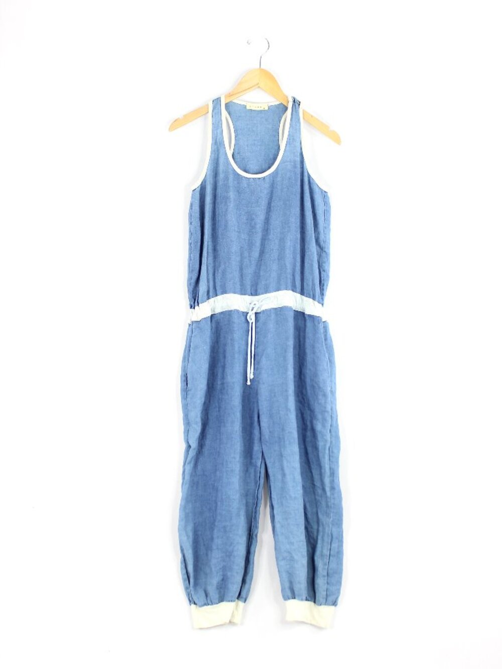 STARKx Blue 100% Linen Relaxed Scoop Neck Drawstring Jogger Jumpsuit, Size M/L